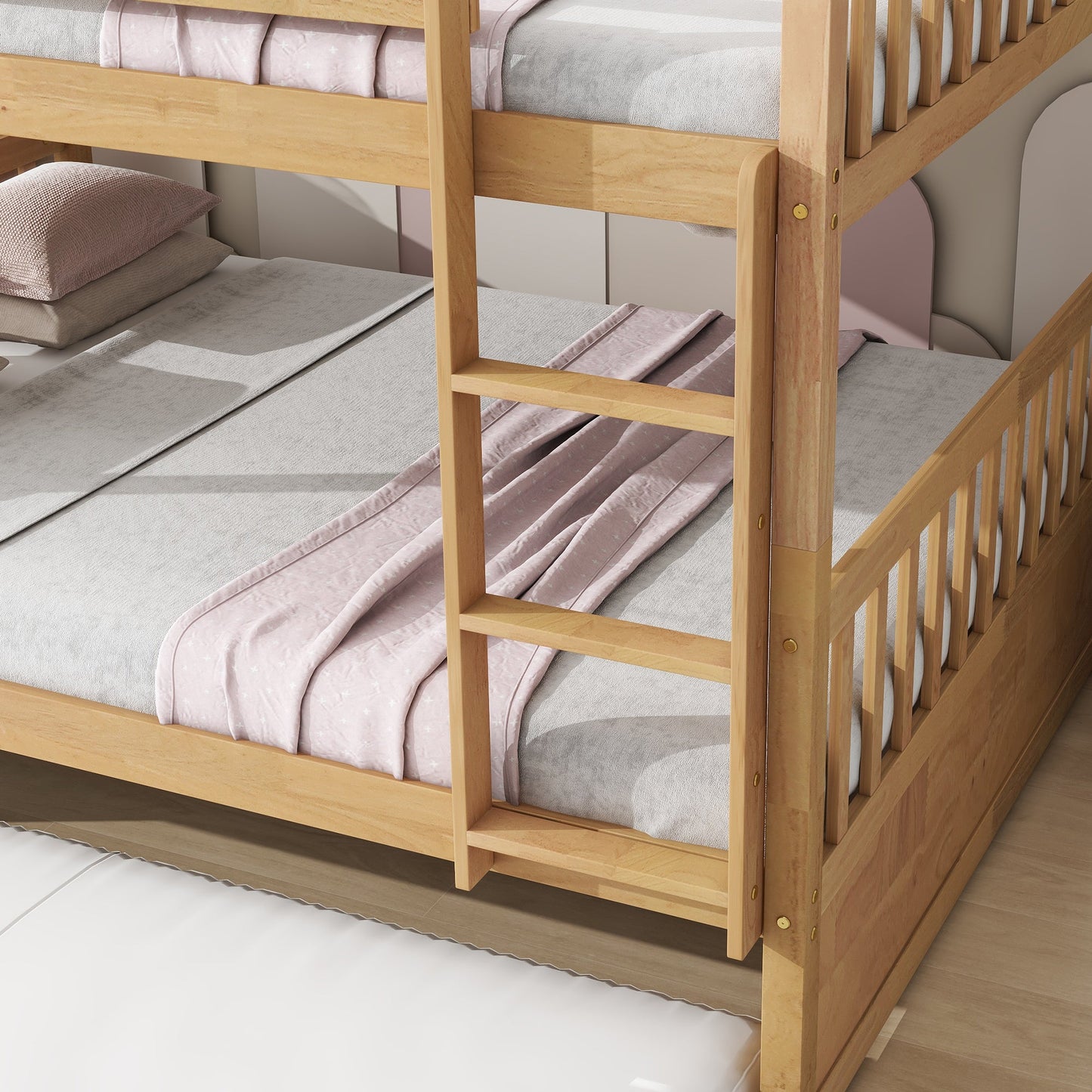 Full Over Full Rubber Wood Bunk Bed with Trundle, Ladder and Guardrails, Convertible to 2 Full Size Beds, with Twin Size Trundle,White Oak - 1st Choice Furniture Direct