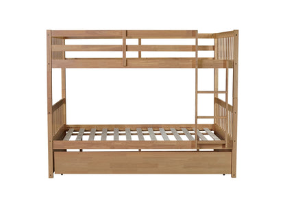 Full Over Full Rubber Wood Bunk Bed with Trundle, Ladder and Guardrails, Convertible to 2 Full Size Beds, with Twin Size Trundle,White Oak - 1st Choice Furniture Direct