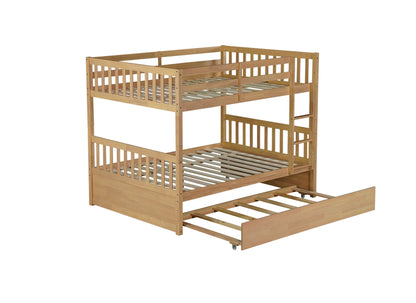 Full Over Full Rubber Wood Bunk Bed with Trundle, Ladder and Guardrails, Convertible to 2 Full Size Beds, with Twin Size Trundle,White Oak - 1st Choice Furniture Direct