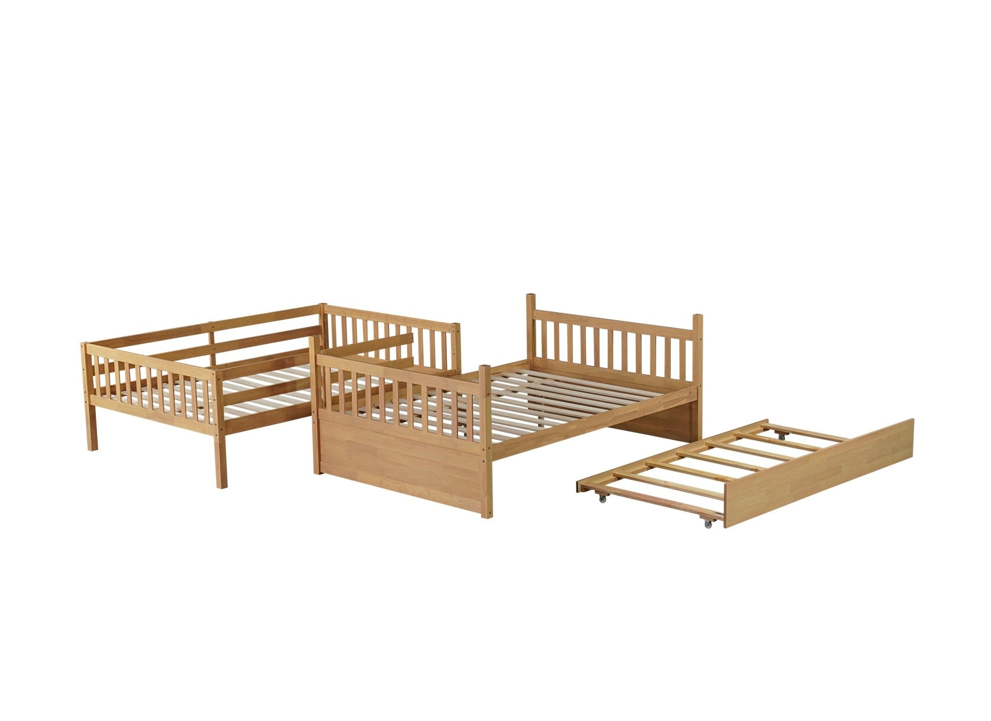 Full Over Full Rubber Wood Bunk Bed with Trundle, Ladder and Guardrails, Convertible to 2 Full Size Beds, with Twin Size Trundle,White Oak - 1st Choice Furniture Direct