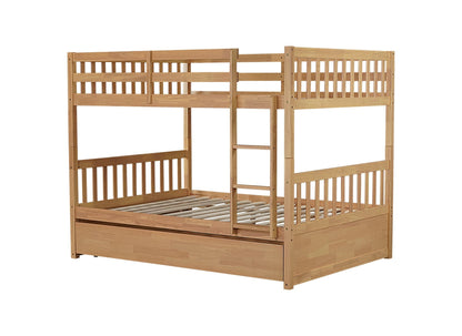 Full Over Full Rubber Wood Bunk Bed with Trundle, Ladder and Guardrails, Convertible to 2 Full Size Beds, with Twin Size Trundle,White Oak - 1st Choice Furniture Direct