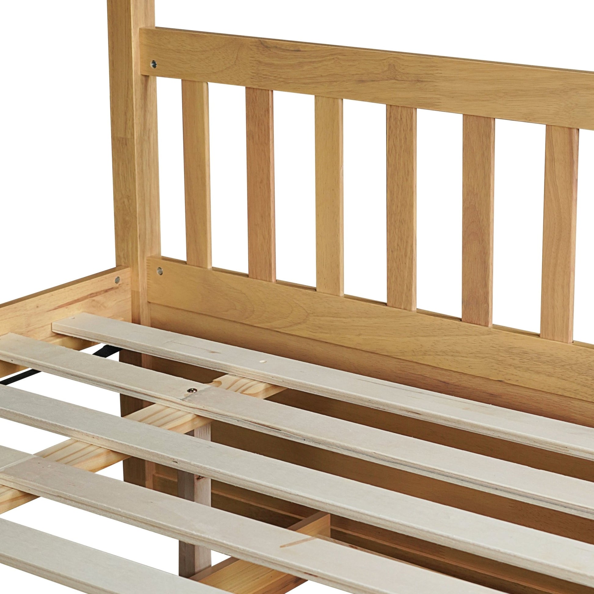 Full Over Full Rubber Wood Bunk Bed with Trundle, Ladder and Guardrails, Convertible to 2 Full Size Beds, with Twin Size Trundle,White Oak - 1st Choice Furniture Direct