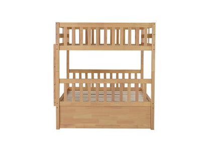 Full Over Full Rubber Wood Bunk Bed with Trundle, Ladder and Guardrails, Convertible to 2 Full Size Beds, with Twin Size Trundle,White Oak - 1st Choice Furniture Direct