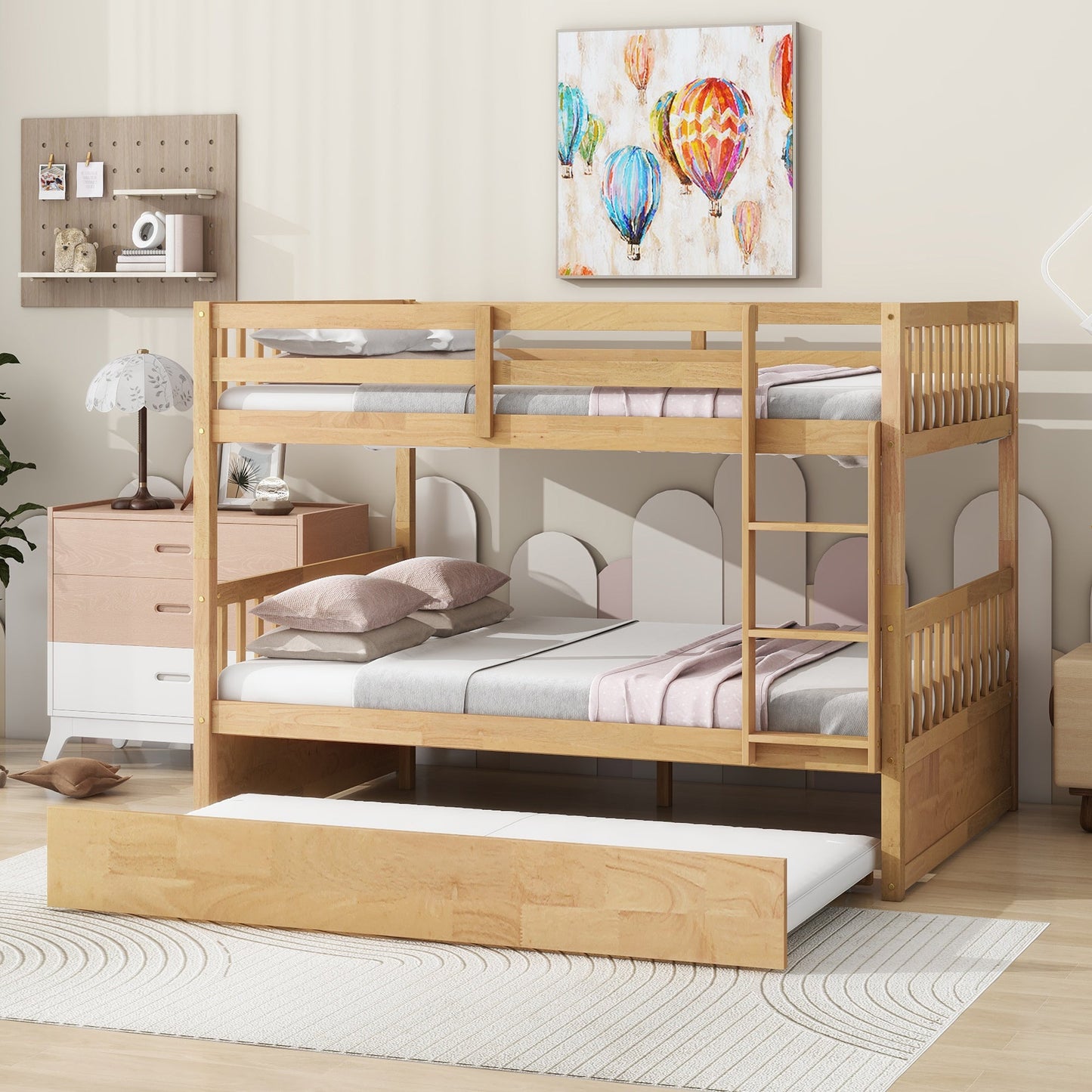 Full Over Full Rubber Wood Bunk Bed with Trundle, Ladder and Guardrails, Convertible to 2 Full Size Beds, with Twin Size Trundle,White Oak - 1st Choice Furniture Direct
