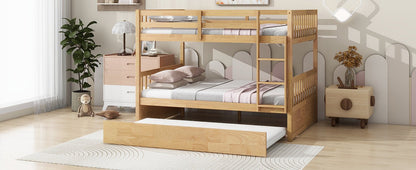 Full Over Full Rubber Wood Bunk Bed with Trundle, Ladder and Guardrails, Convertible to 2 Full Size Beds, with Twin Size Trundle,White Oak - 1st Choice Furniture Direct