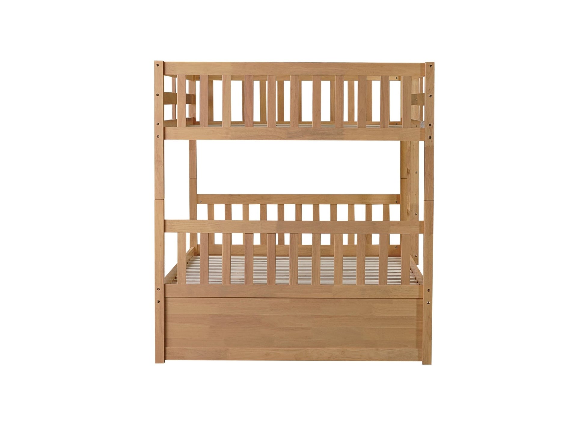Full Over Full Rubber Wood Bunk Bed with Trundle, Ladder and Guardrails, Convertible to 2 Full Size Beds, with Twin Size Trundle,White Oak - 1st Choice Furniture Direct
