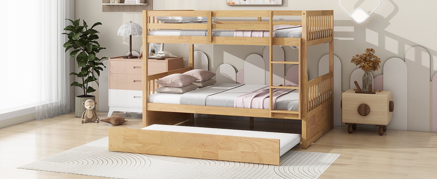 Full Over Full Rubber Wood Bunk Bed with Trundle, Ladder and Guardrails, Convertible to 2 Full Size Beds, with Twin Size Trundle,White Oak - 1st Choice Furniture Direct