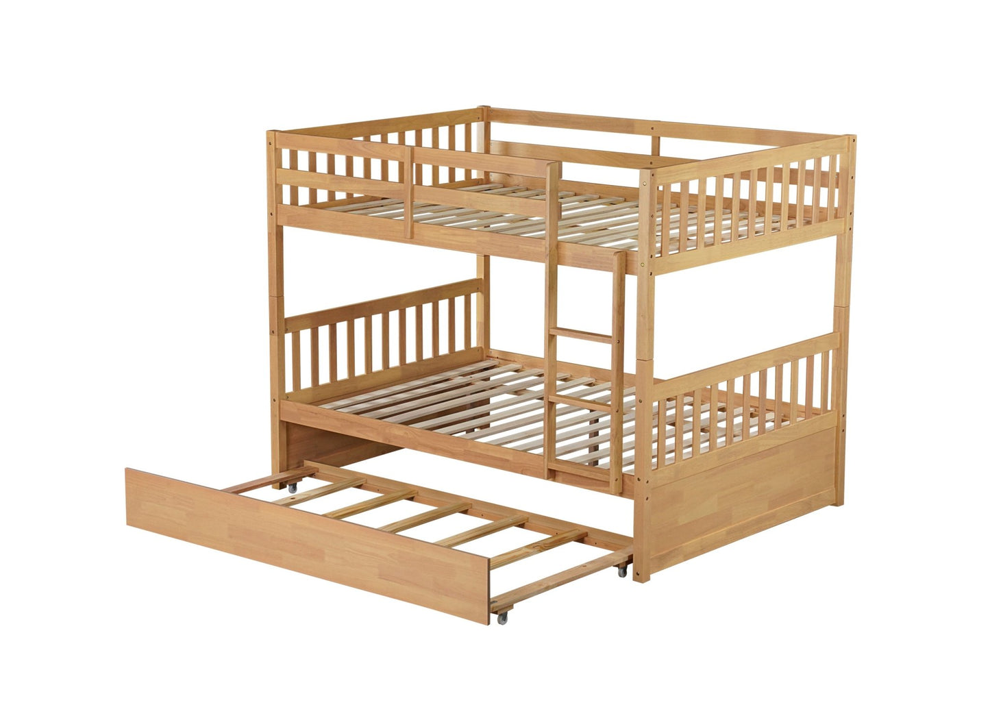 Full Over Full Rubber Wood Bunk Bed with Trundle, Ladder and Guardrails, Convertible to 2 Full Size Beds, with Twin Size Trundle,White Oak - 1st Choice Furniture Direct