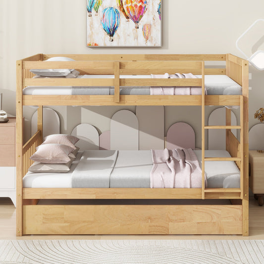 Full Over Full Rubber Wood Bunk Bed with Trundle, Ladder and Guardrails, Convertible to 2 Full Size Beds, with Twin Size Trundle,White Oak - 1st Choice Furniture Direct