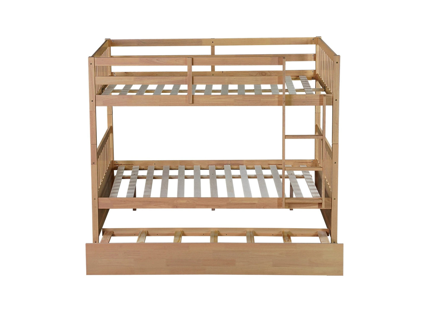 Full Over Full Rubber Wood Bunk Bed with Trundle, Ladder and Guardrails, Convertible to 2 Full Size Beds, with Twin Size Trundle,White Oak - 1st Choice Furniture Direct