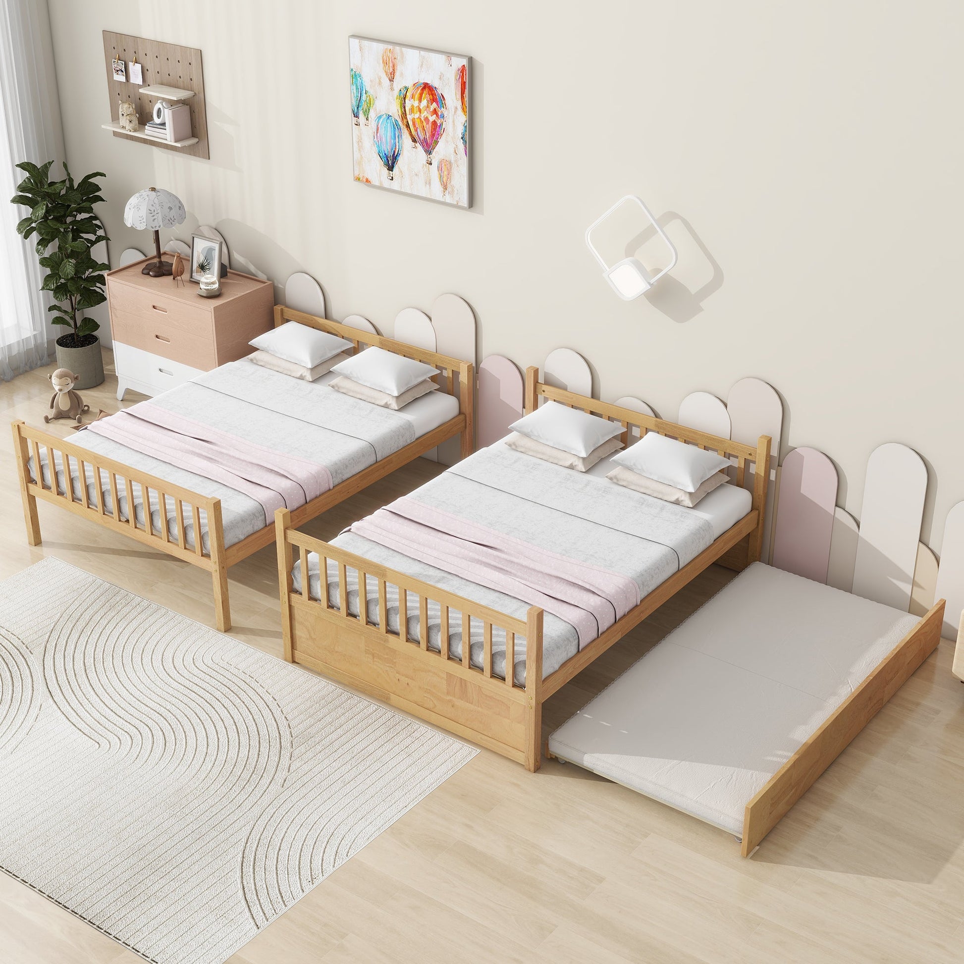 Full Over Full Rubber Wood Bunk Bed with Trundle, Ladder and Guardrails, Convertible to 2 Full Size Beds, with Twin Size Trundle,White Oak - 1st Choice Furniture Direct