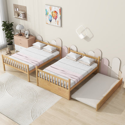 Full Over Full Rubber Wood Bunk Bed with Trundle, Ladder and Guardrails, Convertible to 2 Full Size Beds, with Twin Size Trundle,White Oak - 1st Choice Furniture Direct