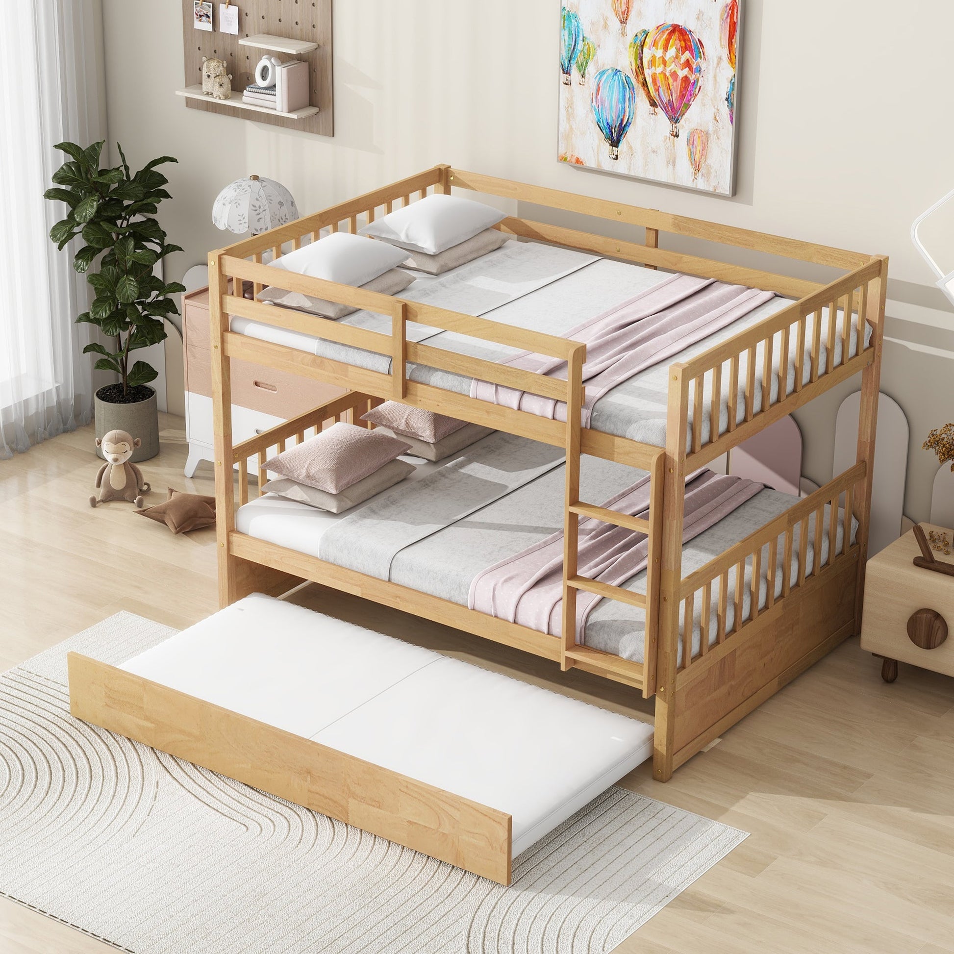 Full Over Full Rubber Wood Bunk Bed with Trundle, Ladder and Guardrails, Convertible to 2 Full Size Beds, with Twin Size Trundle,White Oak - 1st Choice Furniture Direct