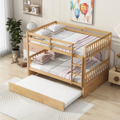 Full Over Full Rubber Wood Bunk Bed with Trundle, Ladder and Guardrails, Convertible to 2 Full Size Beds, with Twin Size Trundle,White Oak - 1st Choice Furniture Direct