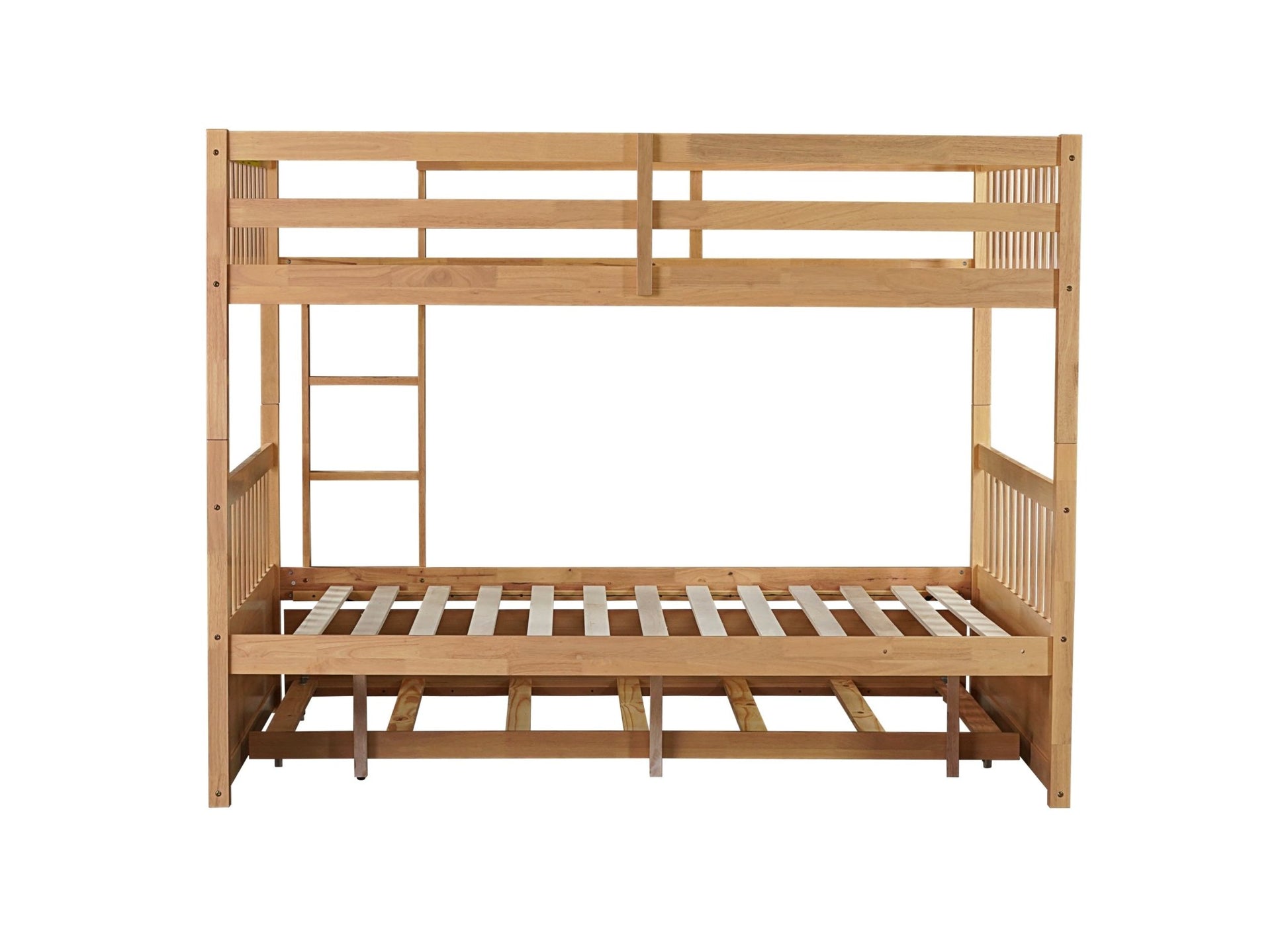 Full Over Full Rubber Wood Bunk Bed with Trundle, Ladder and Guardrails, Convertible to 2 Full Size Beds, with Twin Size Trundle,White Oak - 1st Choice Furniture Direct