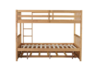Full Over Full Rubber Wood Bunk Bed with Trundle, Ladder and Guardrails, Convertible to 2 Full Size Beds, with Twin Size Trundle,White Oak - 1st Choice Furniture Direct