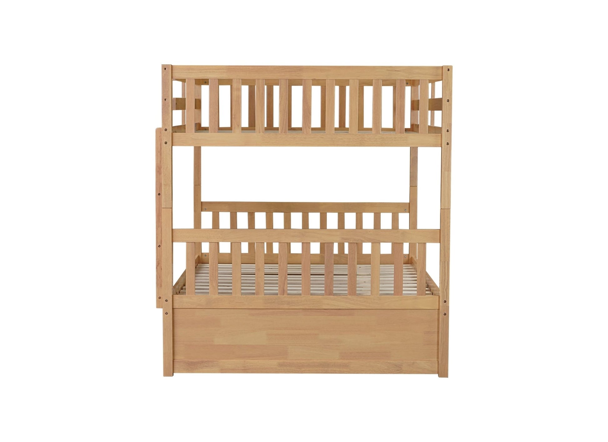 Full Over Full Rubber Wood Bunk Bed with Trundle, Ladder and Guardrails, Convertible to 2 Full Size Beds, with Twin Size Trundle,White Oak - 1st Choice Furniture Direct