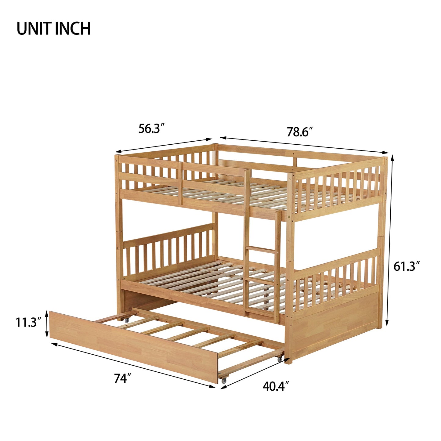 Full Over Full Rubber Wood Bunk Bed with Trundle, Ladder and Guardrails, Convertible to 2 Full Size Beds, with Twin Size Trundle,White Oak - 1st Choice Furniture Direct
