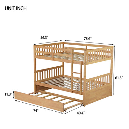 Full Over Full Rubber Wood Bunk Bed with Trundle, Ladder and Guardrails, Convertible to 2 Full Size Beds, with Twin Size Trundle,White Oak - 1st Choice Furniture Direct
