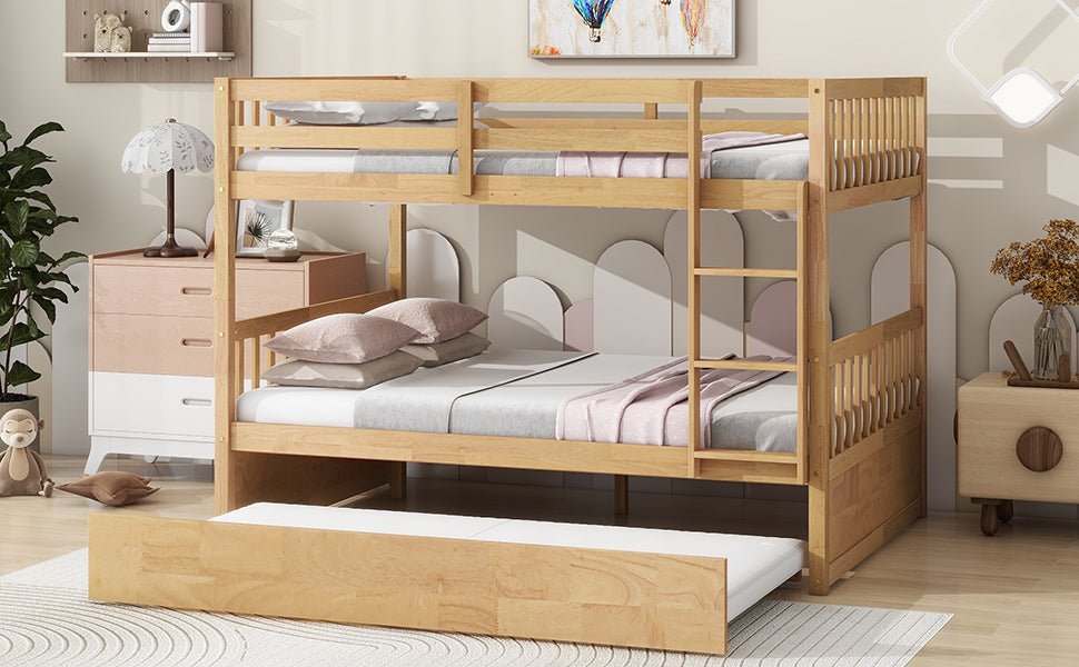 Full Over Full Rubber Wood Bunk Bed with Trundle, Ladder and Guardrails, Convertible to 2 Full Size Beds, with Twin Size Trundle,White Oak - 1st Choice Furniture Direct
