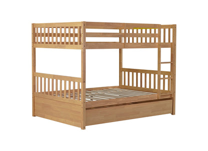 Full Over Full Rubber Wood Bunk Bed with Trundle, Ladder and Guardrails, Convertible to 2 Full Size Beds, with Twin Size Trundle,White Oak - 1st Choice Furniture Direct