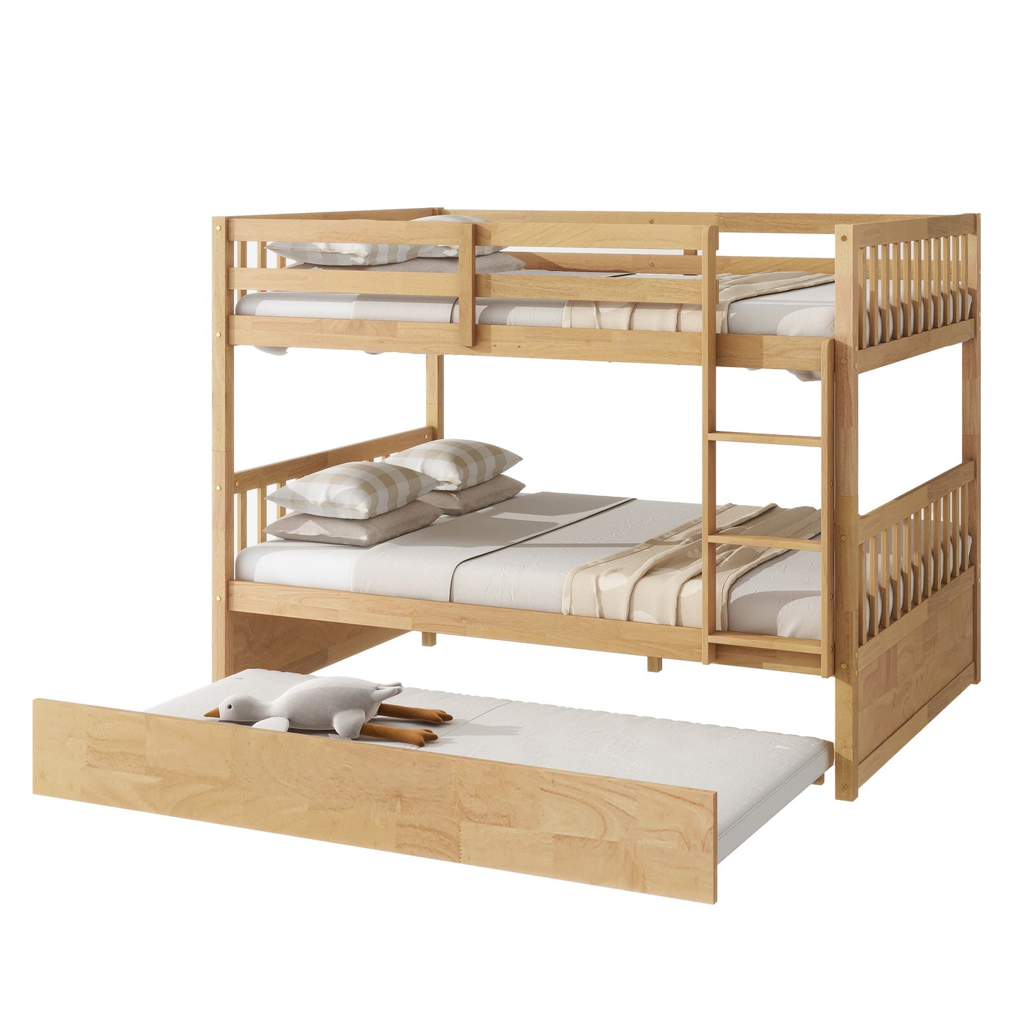 Full Over Full Rubber Wood Bunk Bed with Trundle, Ladder and Guardrails, Convertible to 2 Full Size Beds, with Twin Size Trundle,White Oak - 1st Choice Furniture Direct