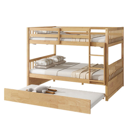 Full Over Full Rubber Wood Bunk Bed with Trundle, Ladder and Guardrails, Convertible to 2 Full Size Beds, with Twin Size Trundle,White Oak - 1st Choice Furniture Direct