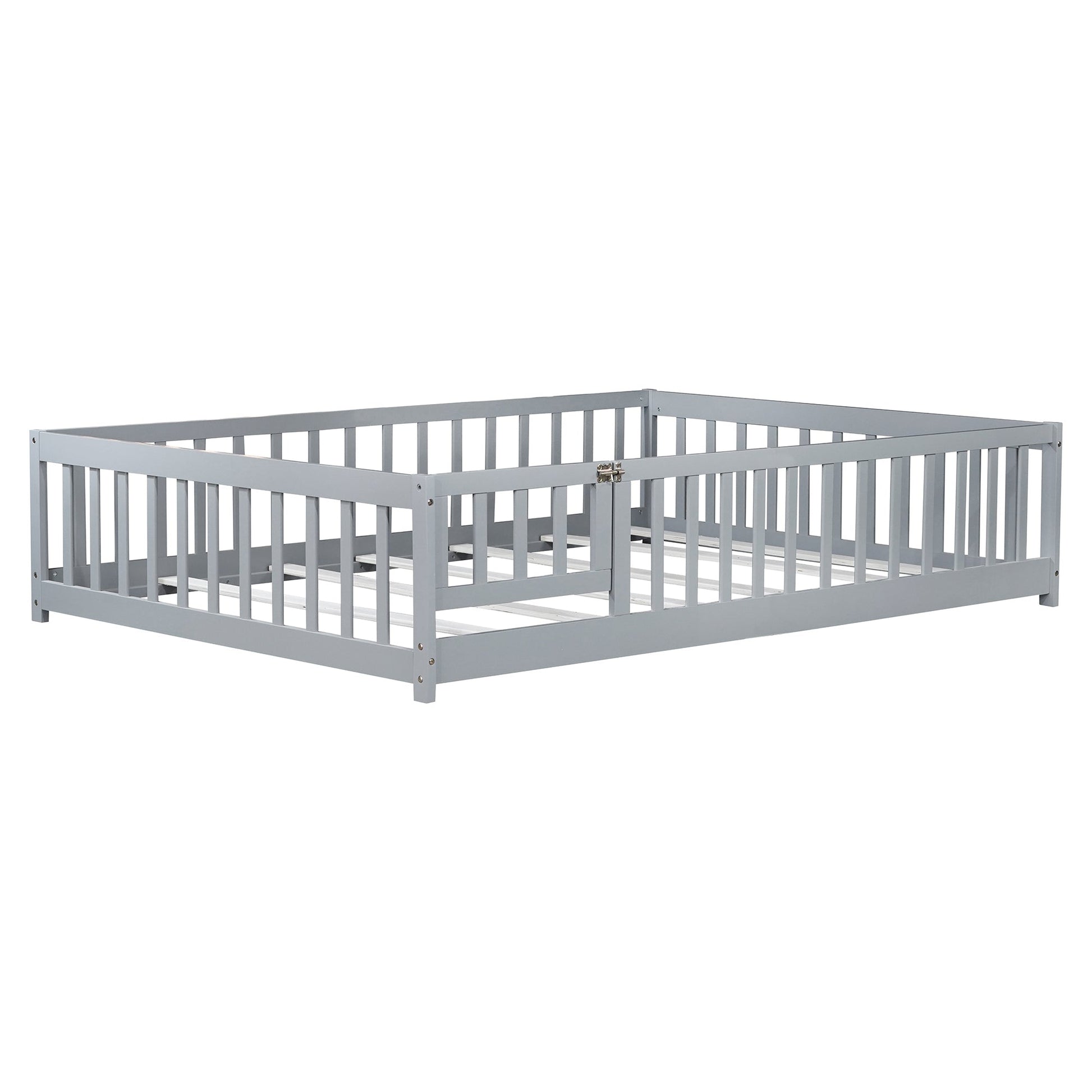 Full Size Floor Bed with Fence and Door,Rubber Wood Floor Bed with Safety Guardrails,Grey - 1st Choice Furniture Direct