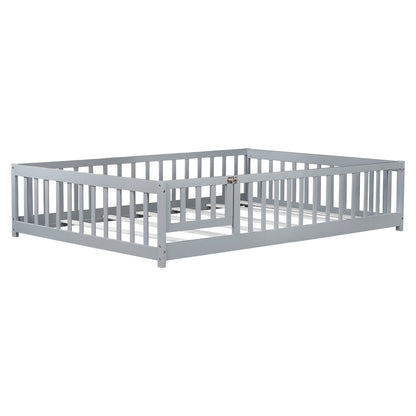 Full Size Floor Bed with Fence and Door,Rubber Wood Floor Bed with Safety Guardrails,Grey - 1st Choice Furniture Direct