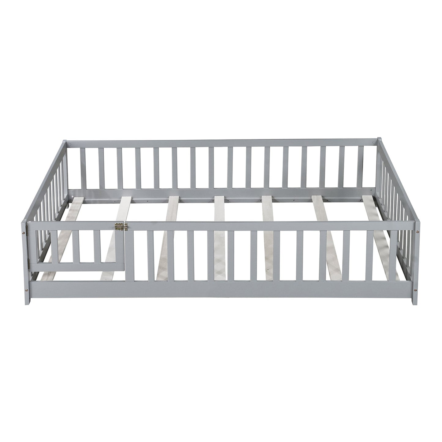 Full Size Floor Bed with Fence and Door,Rubber Wood Floor Bed with Safety Guardrails,Grey - 1st Choice Furniture Direct