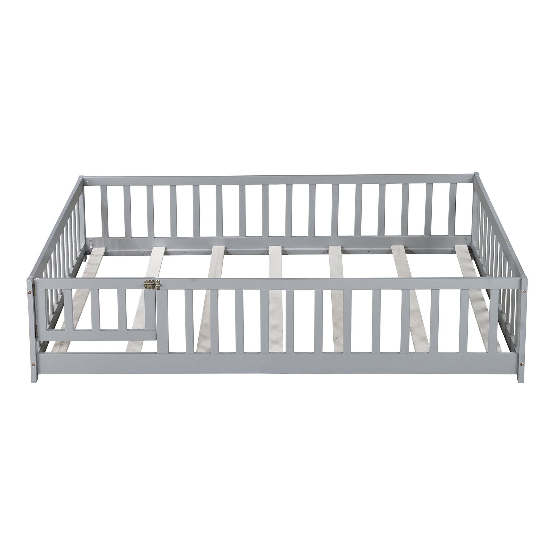 Full Size Floor Bed with Fence and Door,Rubber Wood Floor Bed with Safety Guardrails,Grey - 1st Choice Furniture Direct