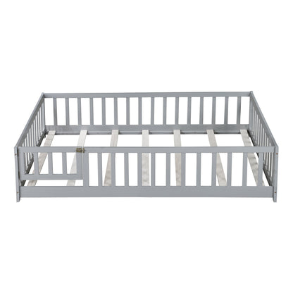 Full Size Floor Bed with Fence and Door,Rubber Wood Floor Bed with Safety Guardrails,Grey - 1st Choice Furniture Direct