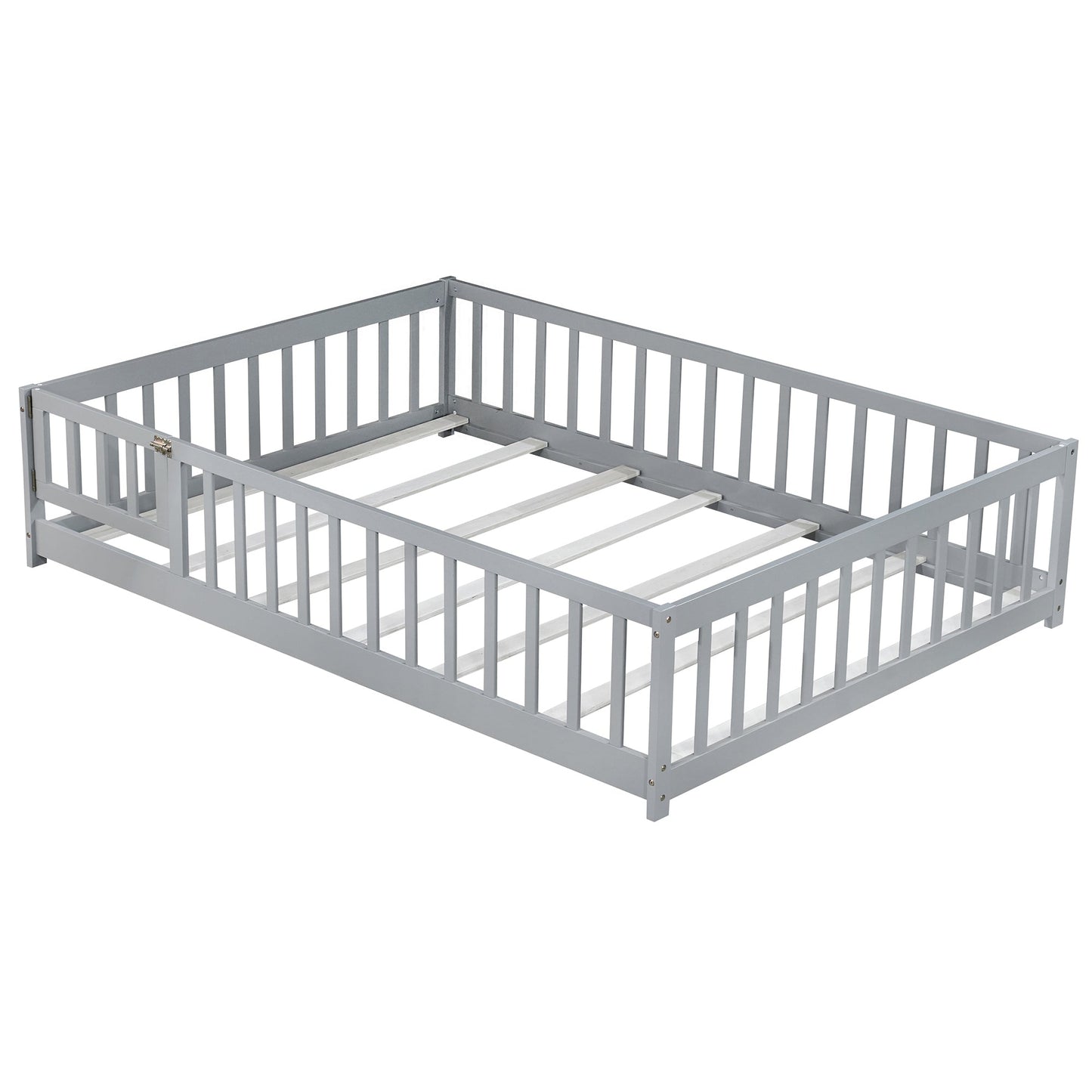 Full Size Floor Bed with Fence and Door,Rubber Wood Floor Bed with Safety Guardrails,Grey - 1st Choice Furniture Direct