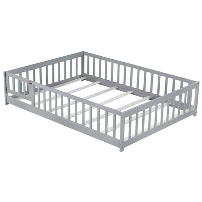 Full Size Floor Bed with Fence and Door,Rubber Wood Floor Bed with Safety Guardrails,Grey - 1st Choice Furniture Direct