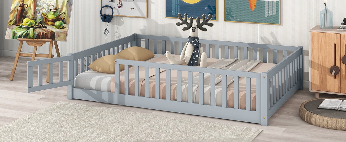Full Size Floor Bed with Fence and Door,Rubber Wood Floor Bed with Safety Guardrails,Grey - 1st Choice Furniture Direct
