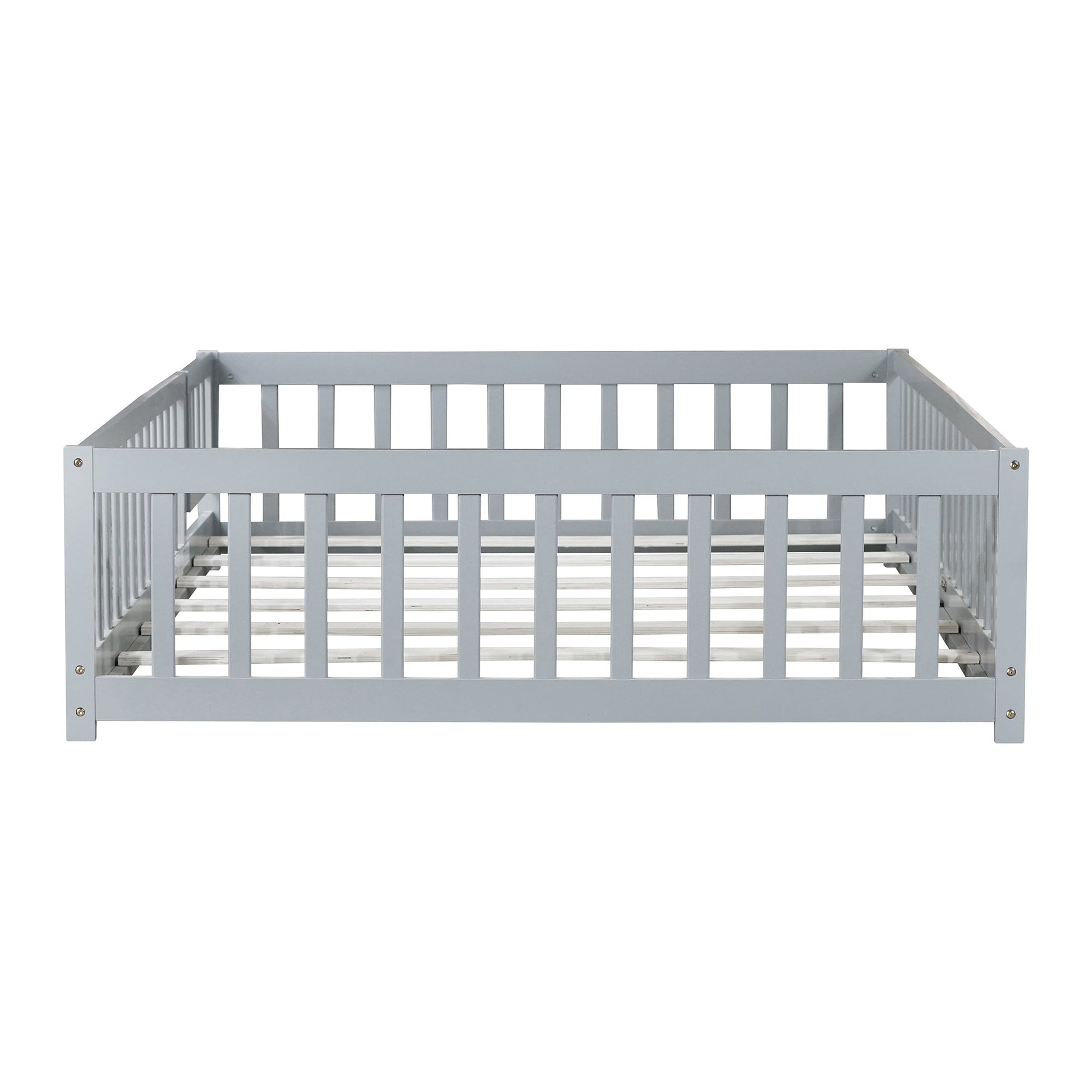 Full Size Floor Bed with Fence and Door,Rubber Wood Floor Bed with Safety Guardrails,Grey - 1st Choice Furniture Direct