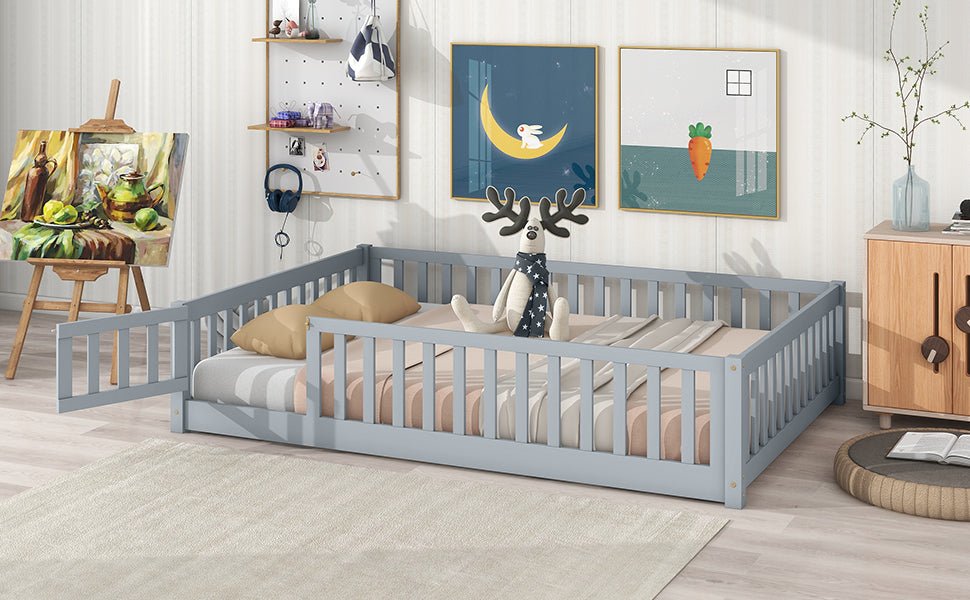 Full Size Floor Bed with Fence and Door,Rubber Wood Floor Bed with Safety Guardrails,Grey - 1st Choice Furniture Direct