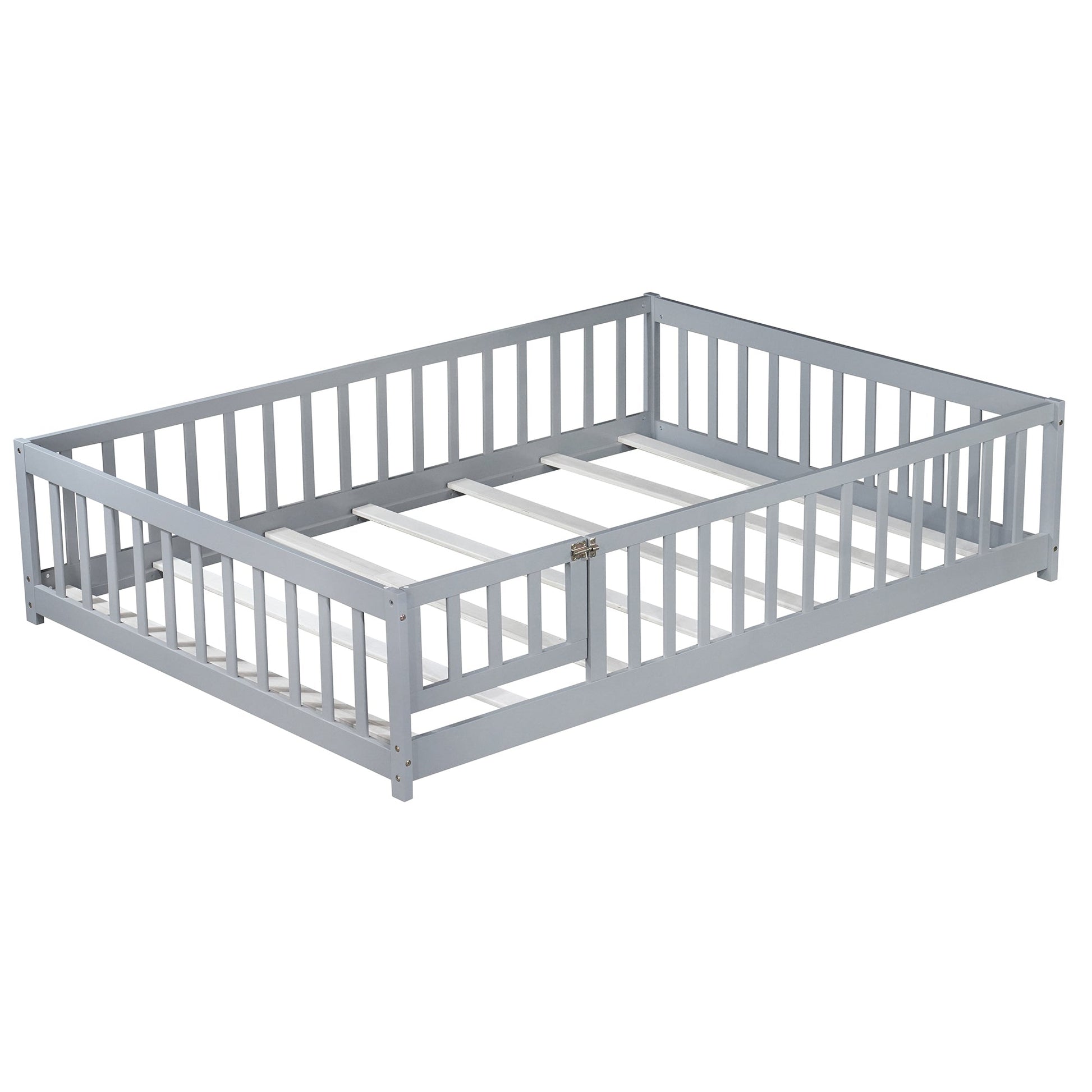 Full Size Floor Bed with Fence and Door,Rubber Wood Floor Bed with Safety Guardrails,Grey - 1st Choice Furniture Direct