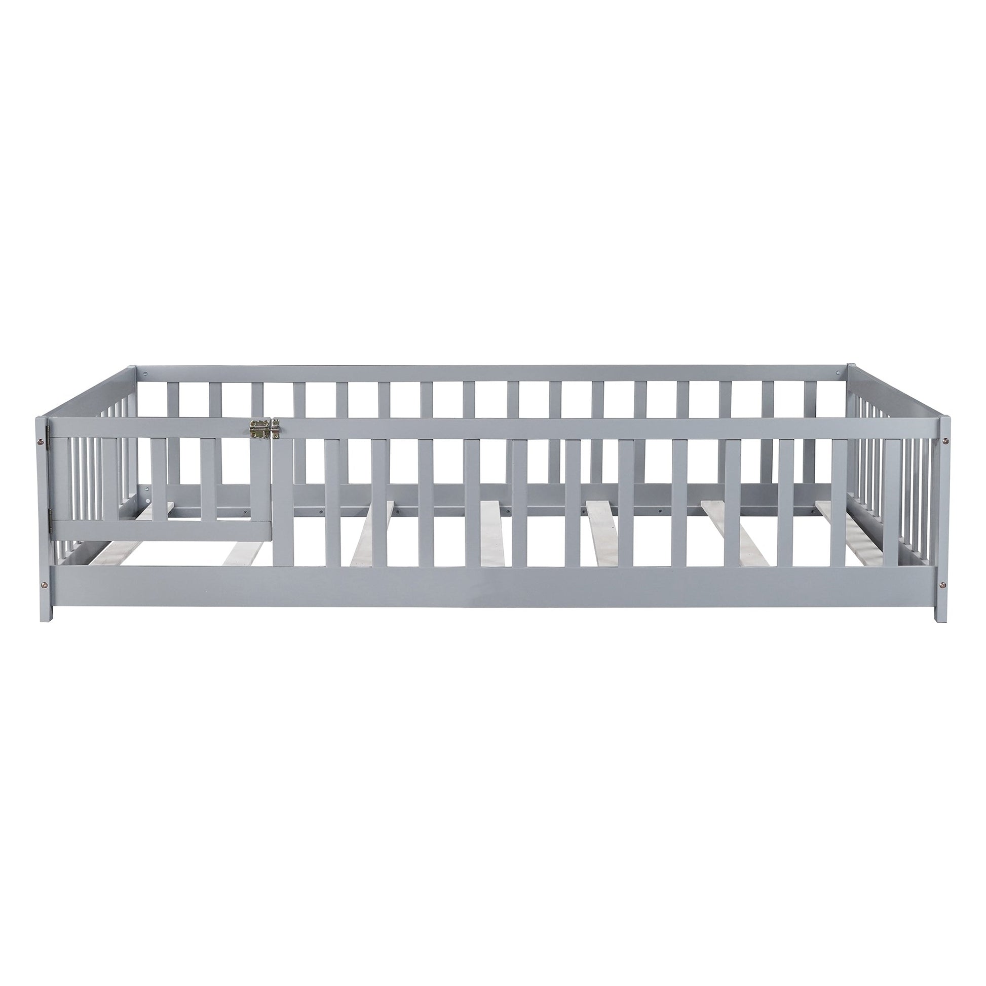 Full Size Floor Bed with Fence and Door,Rubber Wood Floor Bed with Safety Guardrails,Grey - 1st Choice Furniture Direct