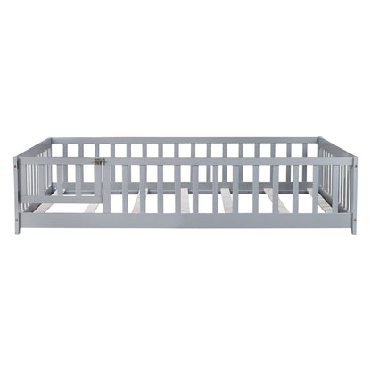 Full Size Floor Bed with Fence and Door,Rubber Wood Floor Bed with Safety Guardrails,Grey - 1st Choice Furniture Direct