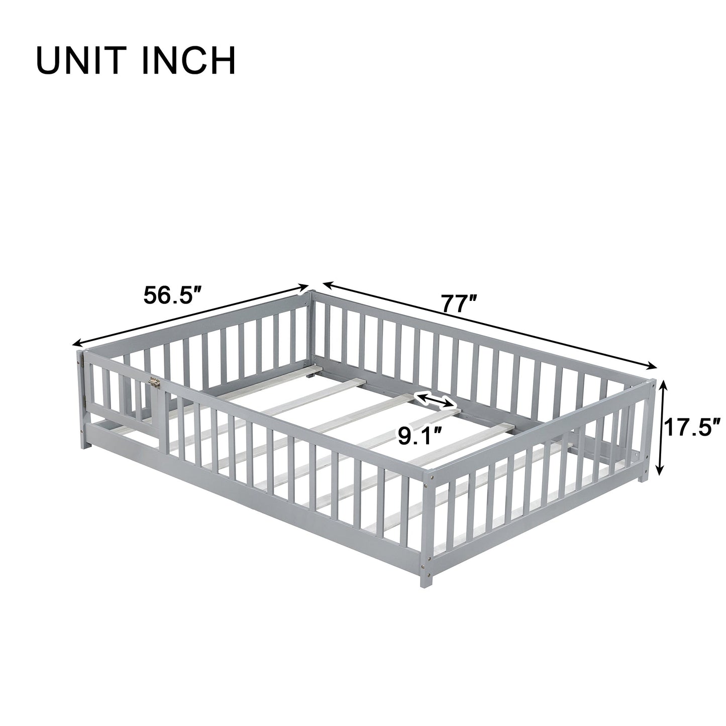 Full Size Floor Bed with Fence and Door,Rubber Wood Floor Bed with Safety Guardrails,Grey - 1st Choice Furniture Direct