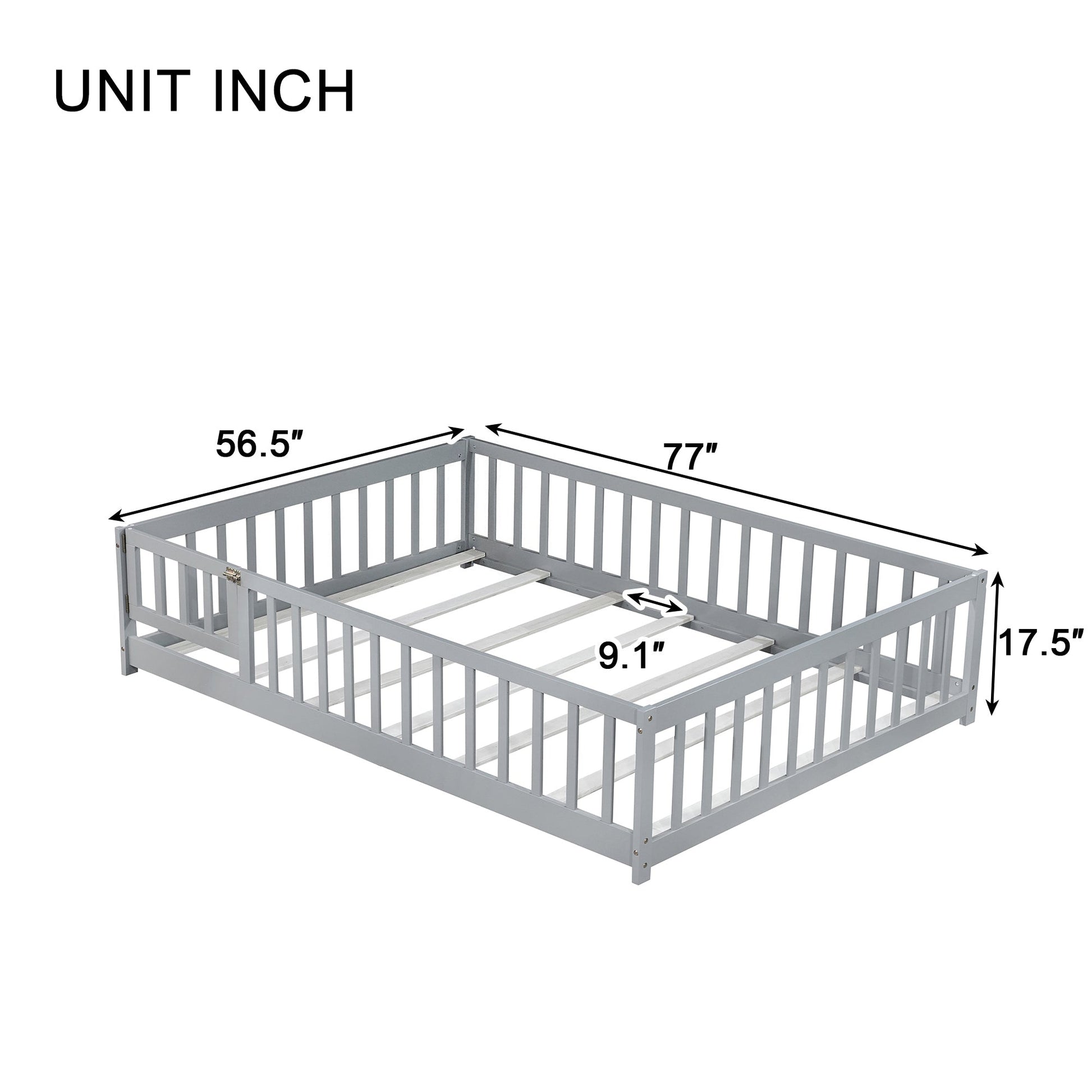 Full Size Floor Bed with Fence and Door,Rubber Wood Floor Bed with Safety Guardrails,Grey - 1st Choice Furniture Direct
