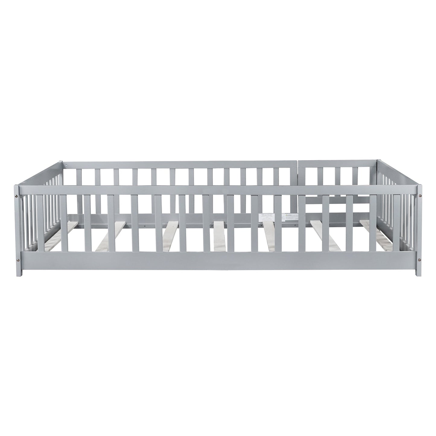 Full Size Floor Bed with Fence and Door,Rubber Wood Floor Bed with Safety Guardrails,Grey - 1st Choice Furniture Direct