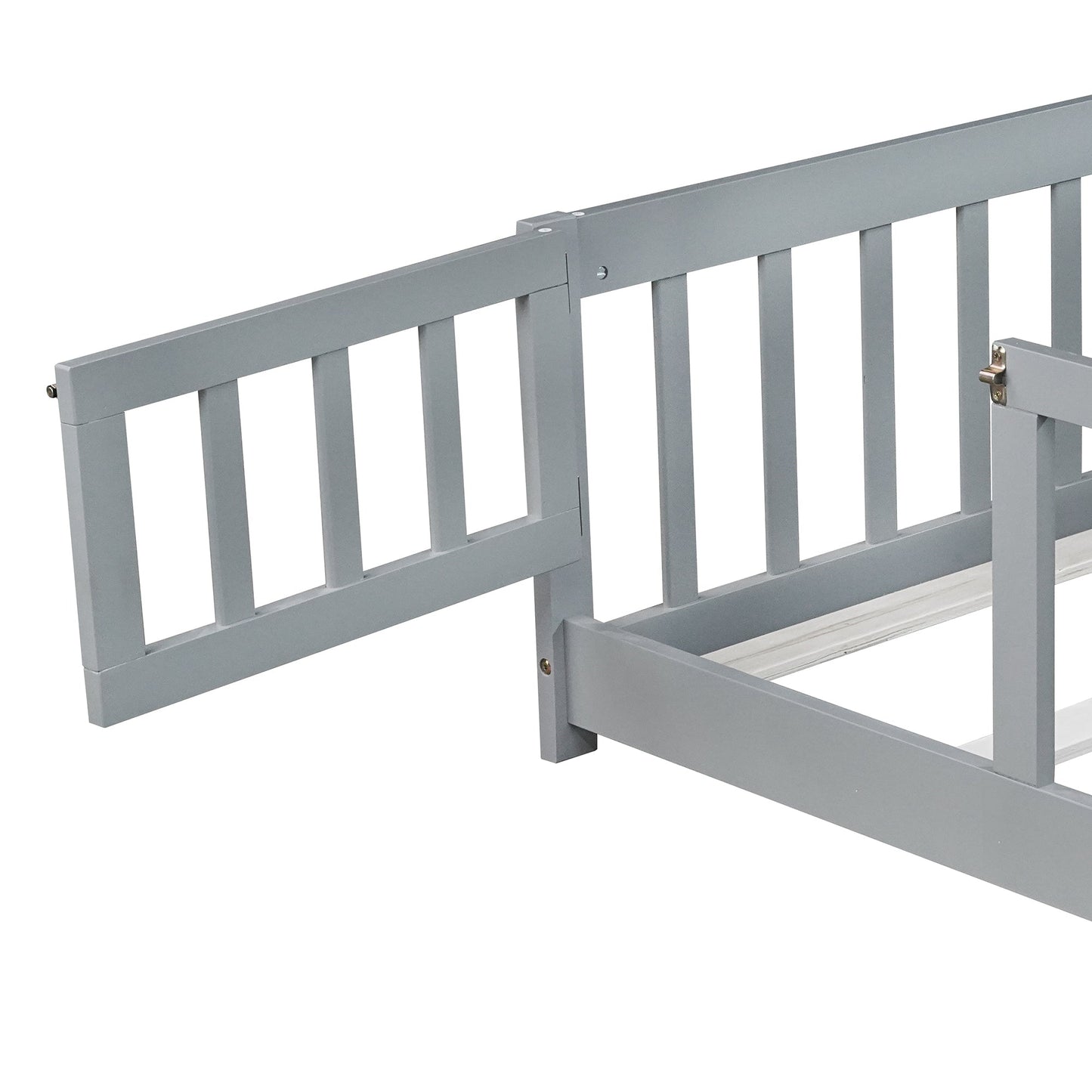 Full Size Floor Bed with Fence and Door,Rubber Wood Floor Bed with Safety Guardrails,Grey - 1st Choice Furniture Direct