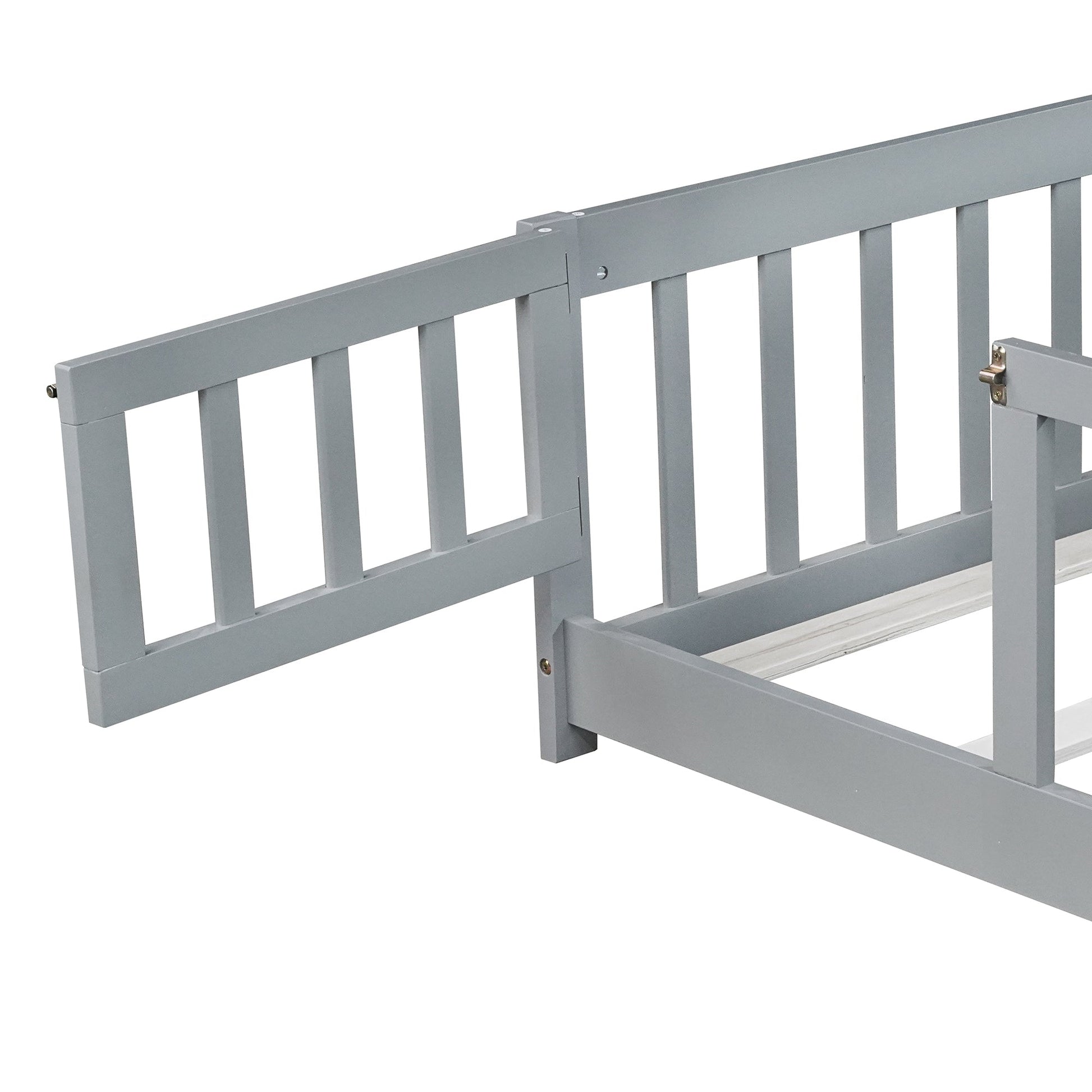 Full Size Floor Bed with Fence and Door,Rubber Wood Floor Bed with Safety Guardrails,Grey - 1st Choice Furniture Direct