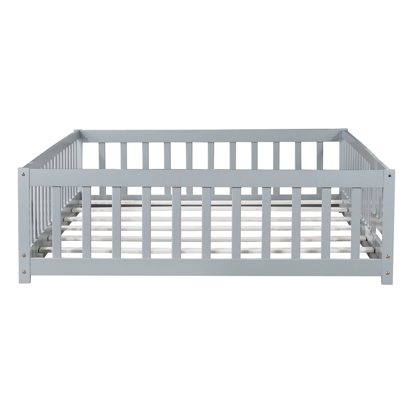 Full Size Floor Bed with Fence and Door,Rubber Wood Floor Bed with Safety Guardrails,Grey - 1st Choice Furniture Direct