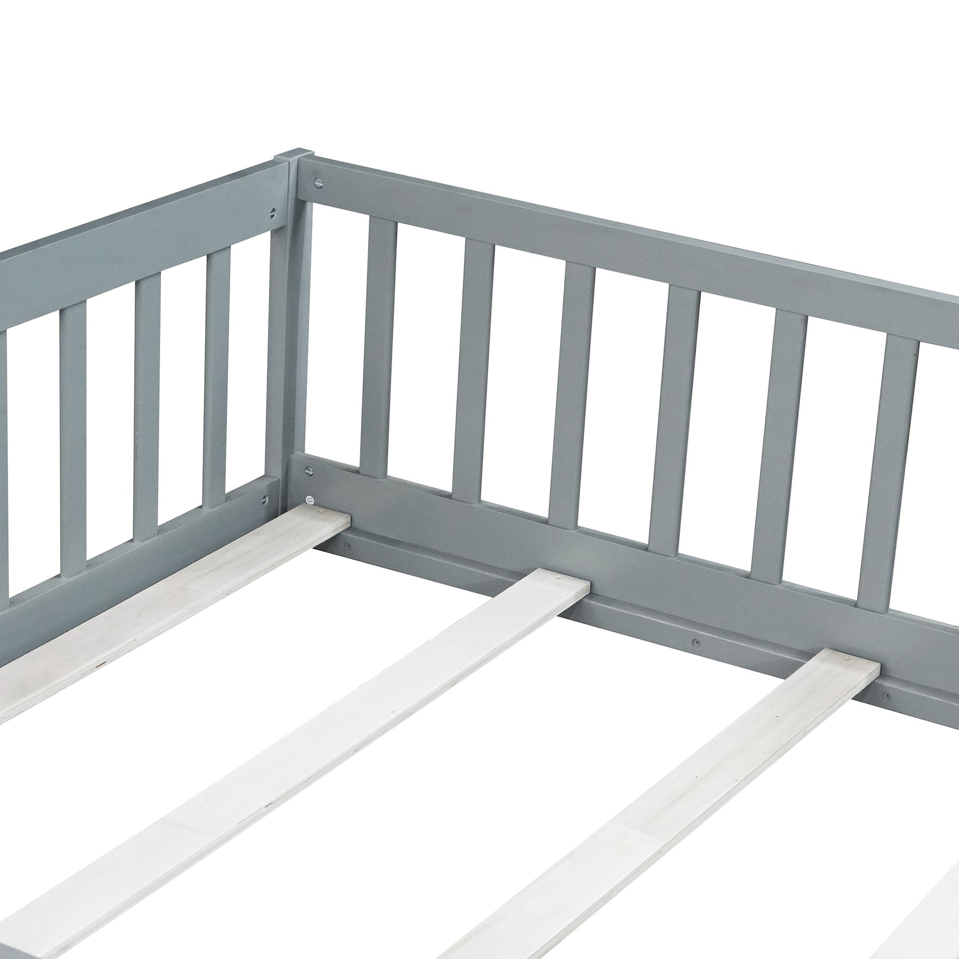 Full Size Floor Bed with Fence and Door,Rubber Wood Floor Bed with Safety Guardrails,Grey - 1st Choice Furniture Direct