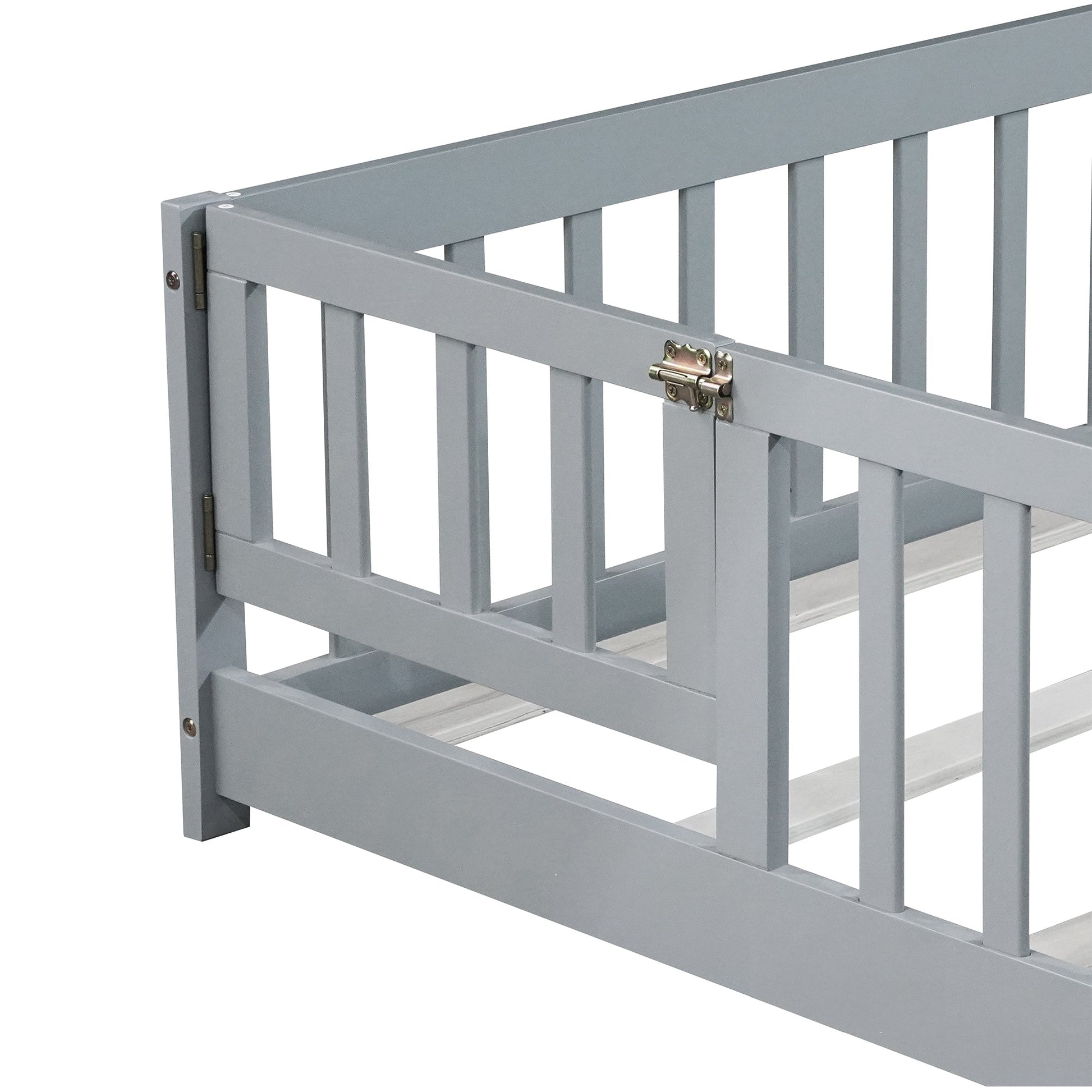 Full Size Floor Bed with Fence and Door,Rubber Wood Floor Bed with Safety Guardrails,Grey - 1st Choice Furniture Direct