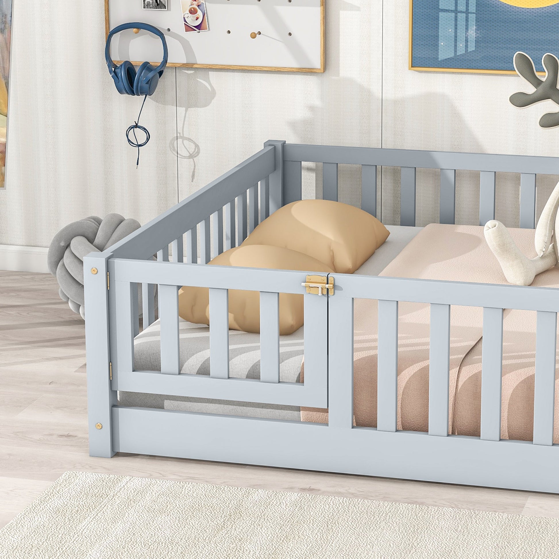 Full Size Floor Bed with Fence and Door,Rubber Wood Floor Bed with Safety Guardrails,Grey - 1st Choice Furniture Direct