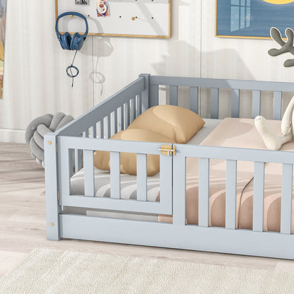 Full Size Floor Bed with Fence and Door,Rubber Wood Floor Bed with Safety Guardrails,Grey - 1st Choice Furniture Direct